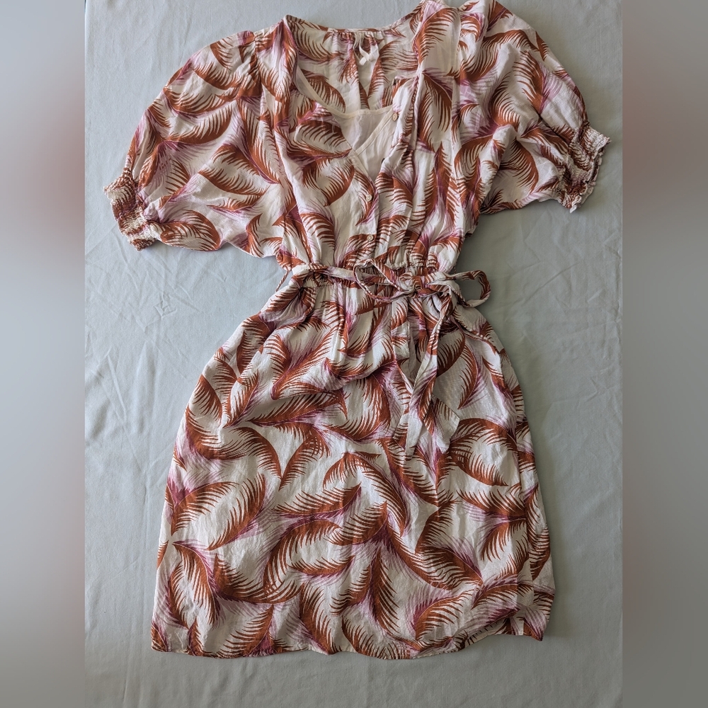 Anthropologie Button Front Linen Blend Tropical Print Dress - Picture 2 of 14